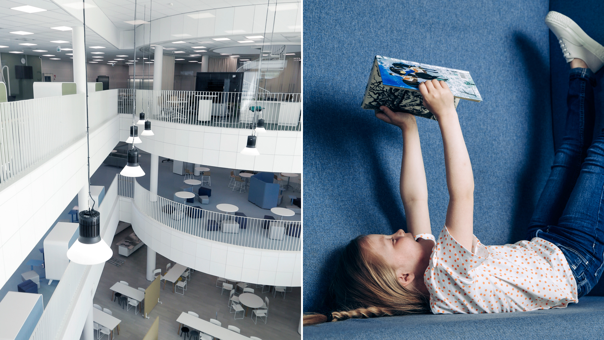 Kuvituskuvassa on kuvapari, jossa vasemmalla on sisäkuva kirjastosta ja oikealla kirjaa lukeva tyttö.