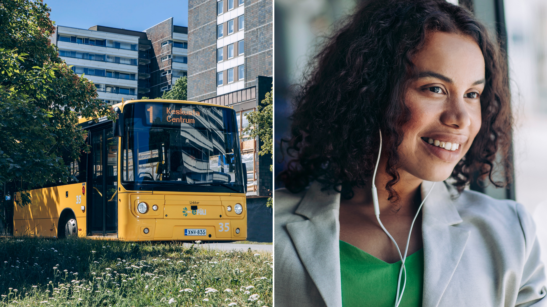 Kuvituskuvassa on kuvapari, jossa vasemmalla on Turun sähköbussi ja oikealla siinä matkustava nuori nainen.
