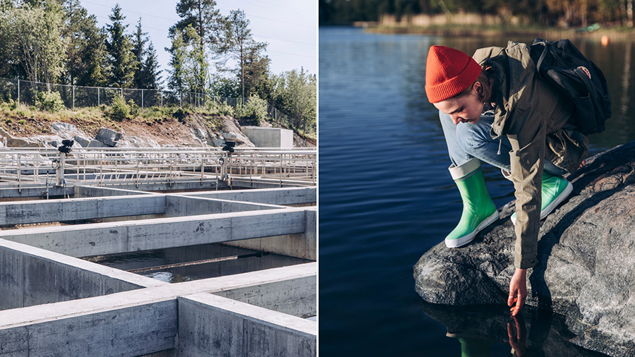 Kuvapari, jossa toisessa kuvassa on vedenpuhdistamon vesiallas ja toisessa kuvassa tyttö koskettaa kädellään vettä järven rannassa.
