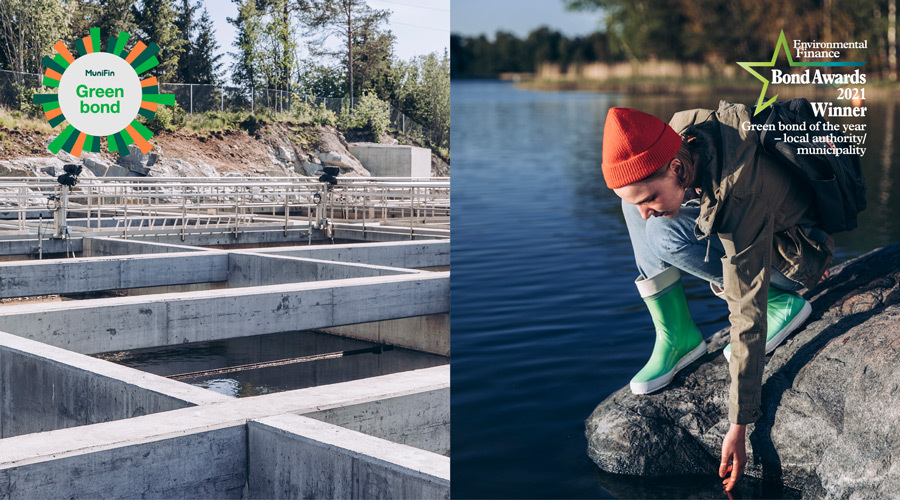 Kuvapari, jossa toisessa kuvassa on vedenpuhdistamon vesialtaita sekä toisessa kuvassa nuori tyttö kumartumassa koskettamaan järven pintaa.