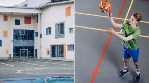 Kuvapari, jossa toisessa kuvassa näkyy Parkanon koulun sisäänkäynti ja värikäs seinä ja toisessa kuvassa poika pelaa koripalloa liikuntasalissa.
