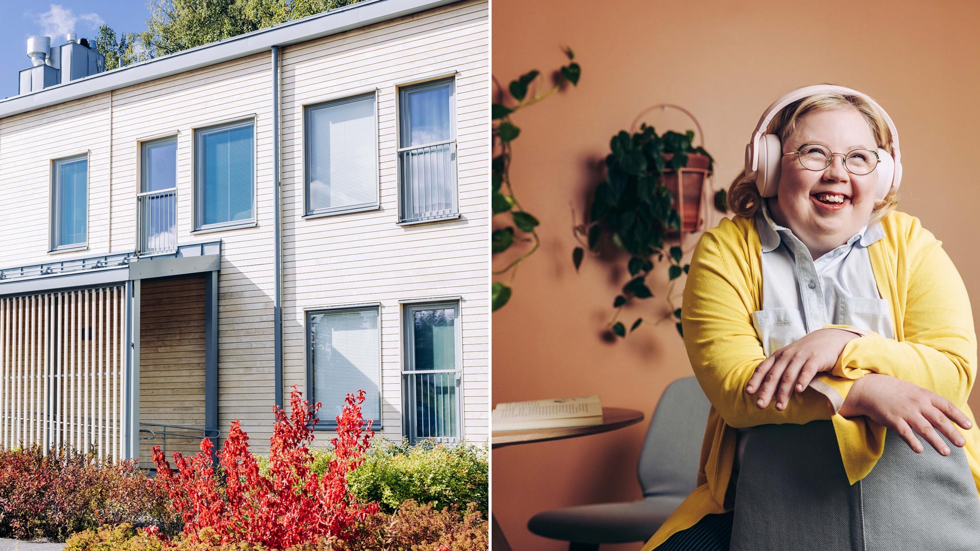 Kuvapari, jossa toisessa kuvassa on kaksikerroksinen asuintalo ja toisessa hymyilevä nuori nainen keltaisessa neuleessa.