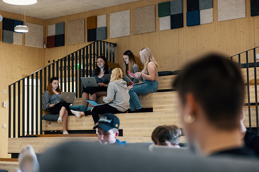 Lukiolaisia istumassa ja opiskelemassa Maalahden lukion puisilla portailla rakennuksen sisällä.