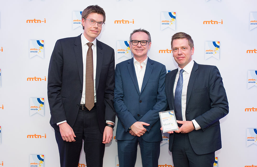 Picture of the prize giving ceremony. MuniFin won the Agency Issuer of the Year 2015 award.