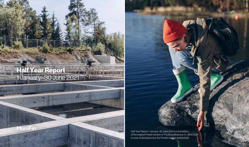 Cover page of the report. On the left hand side water in wastewater handling plant, on the right a girl sitting on a reaching towards seawater with her hand.