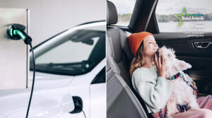 Photo pair. Left: electric vehicle charging station, right: a girl in the backseat of a car with a small white dog on her lap.