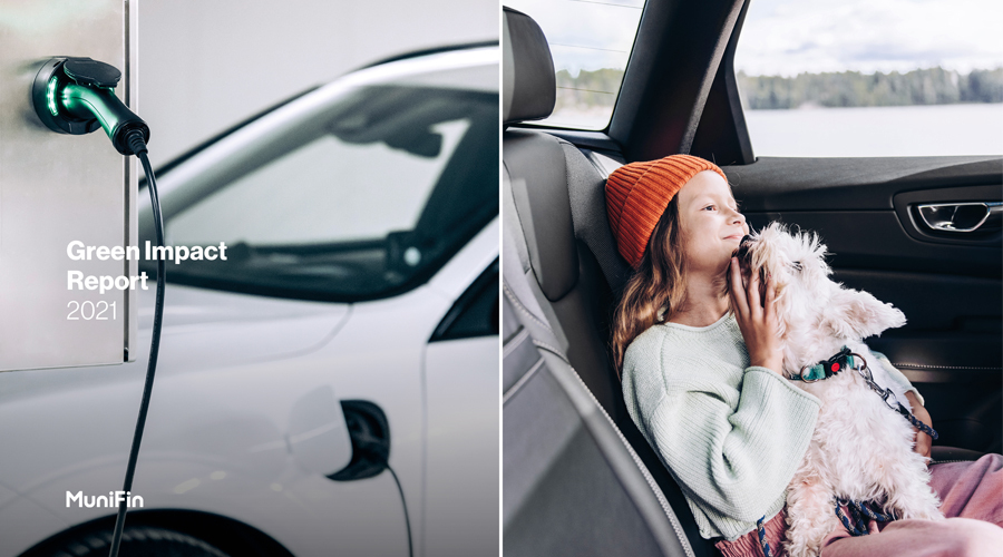 The cover of the Green Impact Report. On the left hand side a car connected to a charger. On the left hand side a girl with a dog on the backseat of the car.