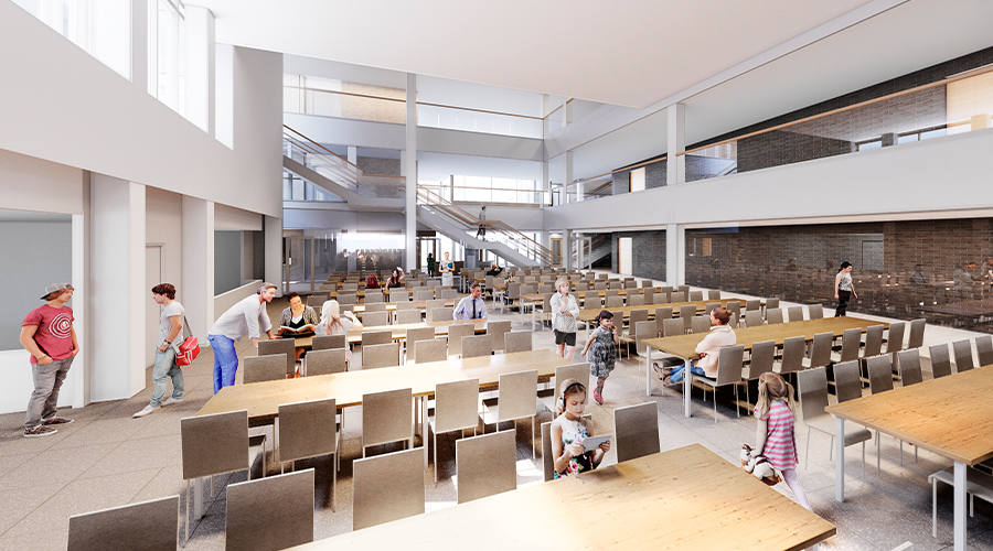 Conceptual drawing of the cafeteria in Pirkkala campus. The area is in two floors and has a lot of light and long wooden tables,