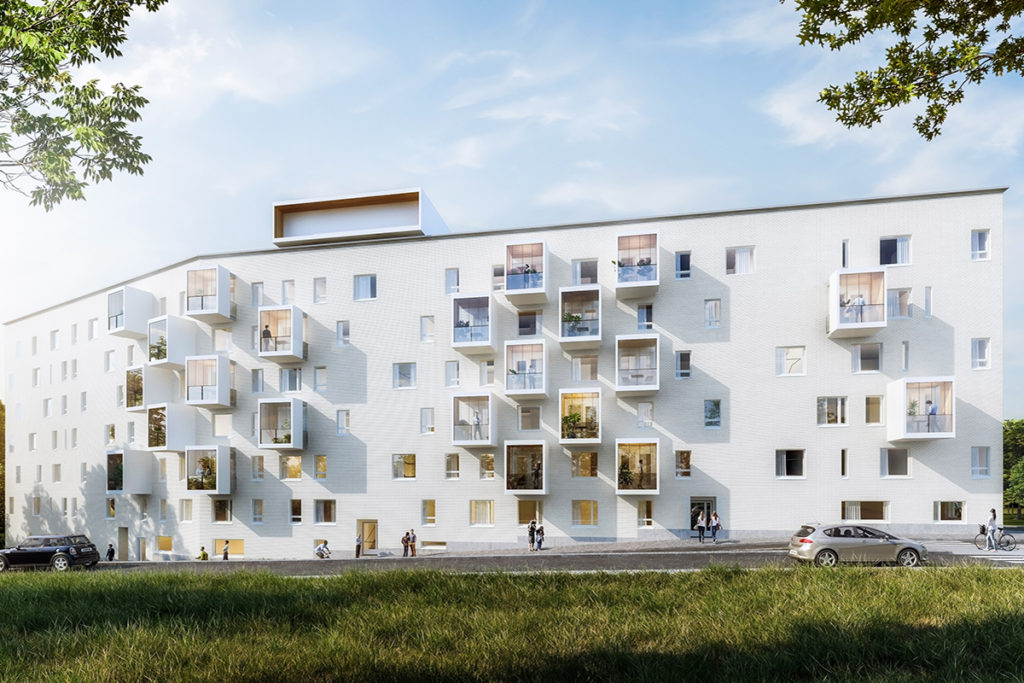 A decorative picture of a modern white apartment house.