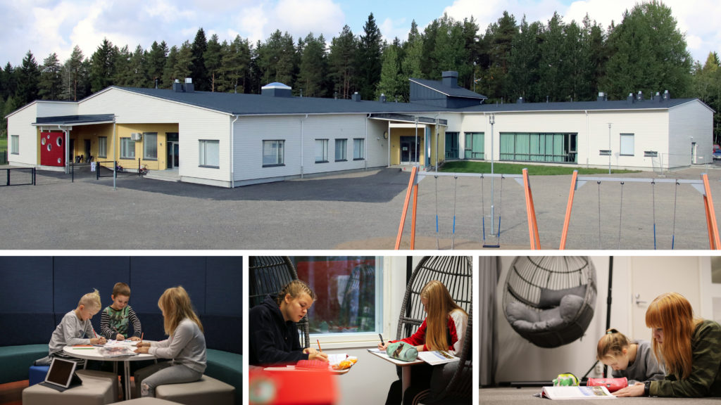 The new school and pictures of pupils in different learning areas inside the building.