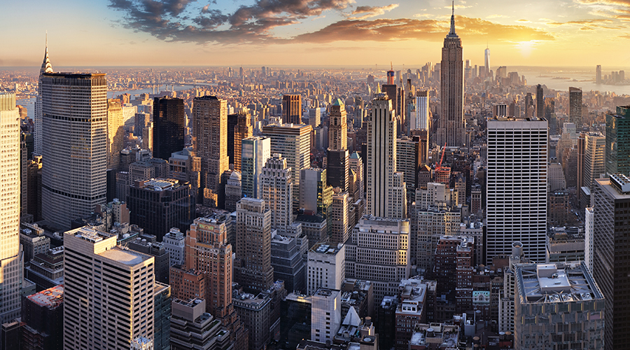 New York skyline at dusk.