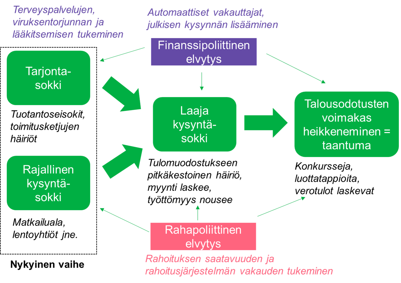 Kuvassa on esitetty kaaviona koronan taloudellisia vaikutuksia.