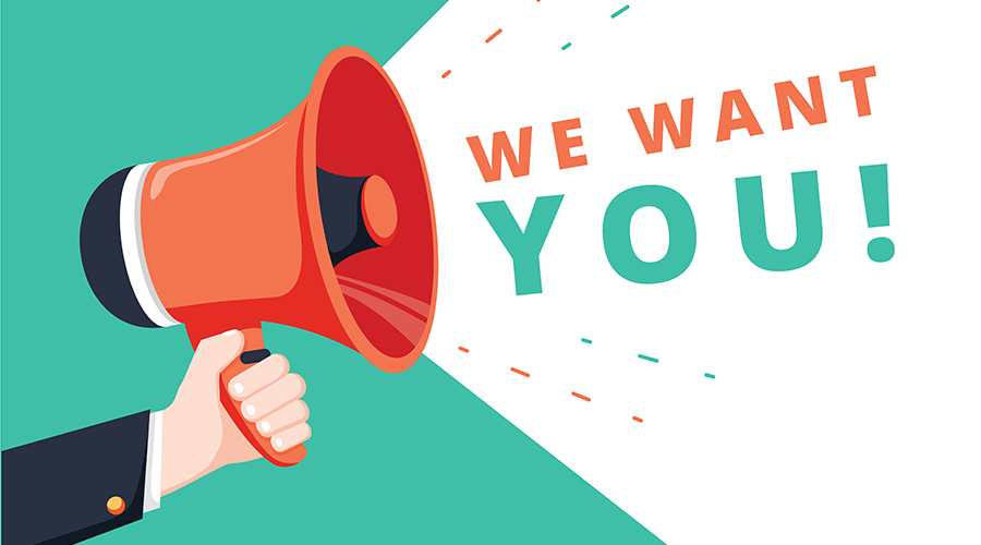 Kuvituskuva, jossa on megafoni ja teksti We want you!