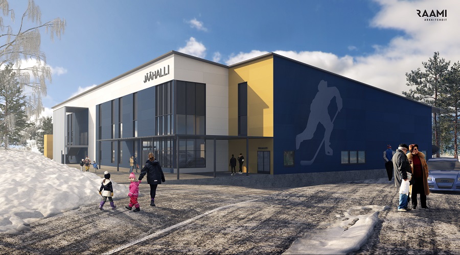 Havainnekuva jäähallista, jonka ulkoseinässä on iso piirros jääkiekkoilijasta.
