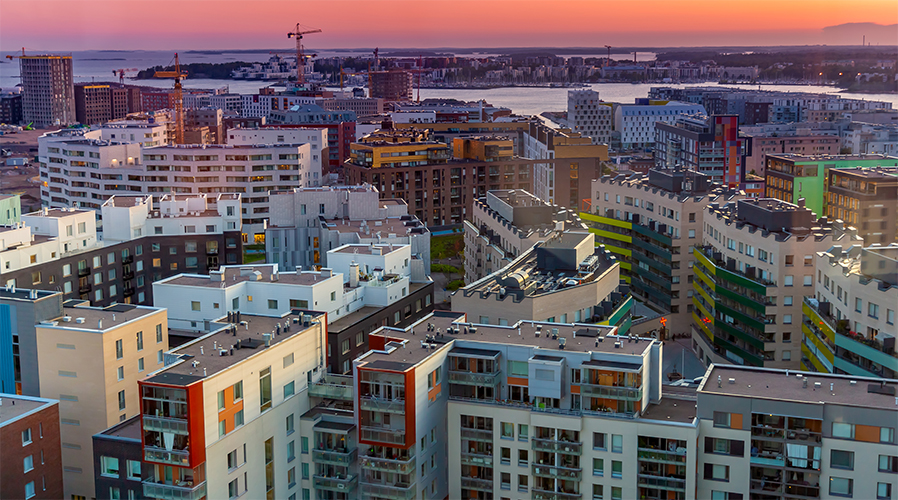Aerial picture of a modern suburb in Helsinki.