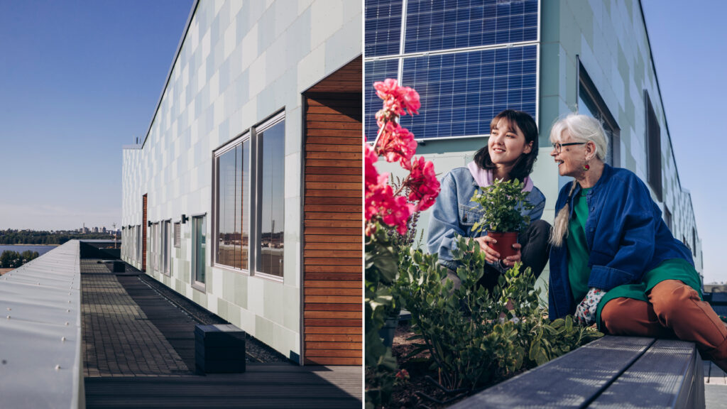 Decorative picture of a modern building where a younger and an older woman are planting flowers together on the rooftop garden..