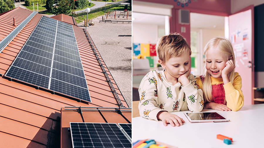 Pictures of solar panes and day care childen using a tablet