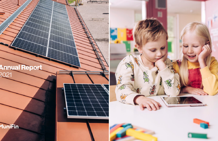 The cover of the annual report 2021. On the left hand side solar panels on a roof, on the right hand side a boy and a girl looking at a tablet computer.