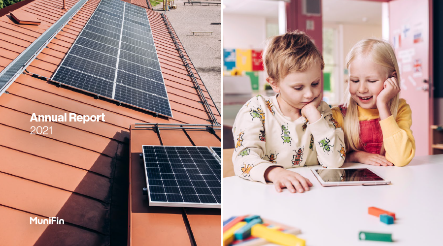 The cover of the annual report 2021. On the left hand side solar panels on a roof, on the right hand side a boy and a girl looking at a tablet computer.