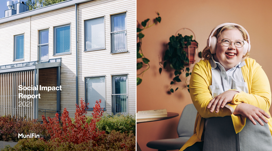 The cover of the Social Impact Report 2021. On the left, there's a wooden house, on the right a happy disabled woman wearing headphones.