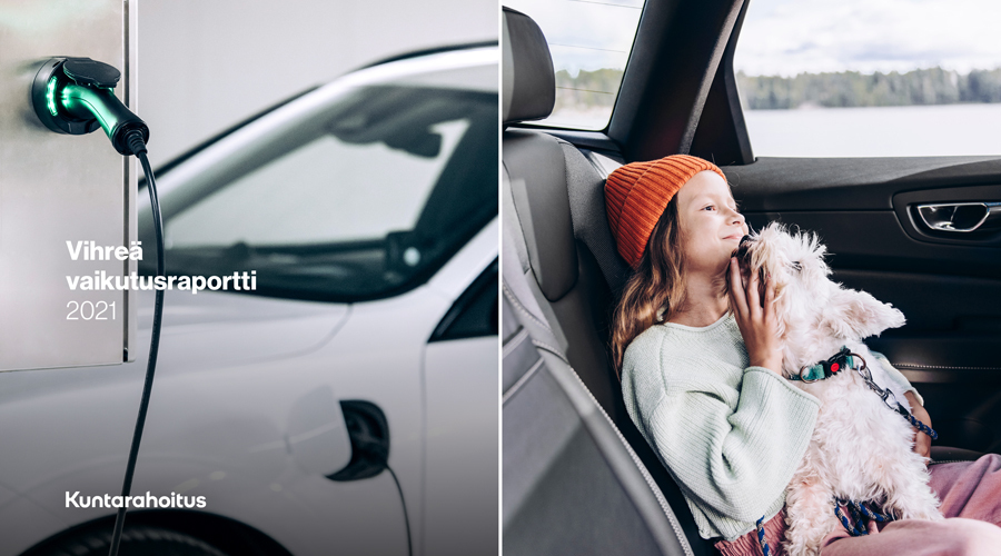 VIhreän vaikutusraportin kansi, jossa vasemmalla sähköauto latautumassa, oikealla tyttö koira sylissään paikallaan olevassa autossa takapenkillä.