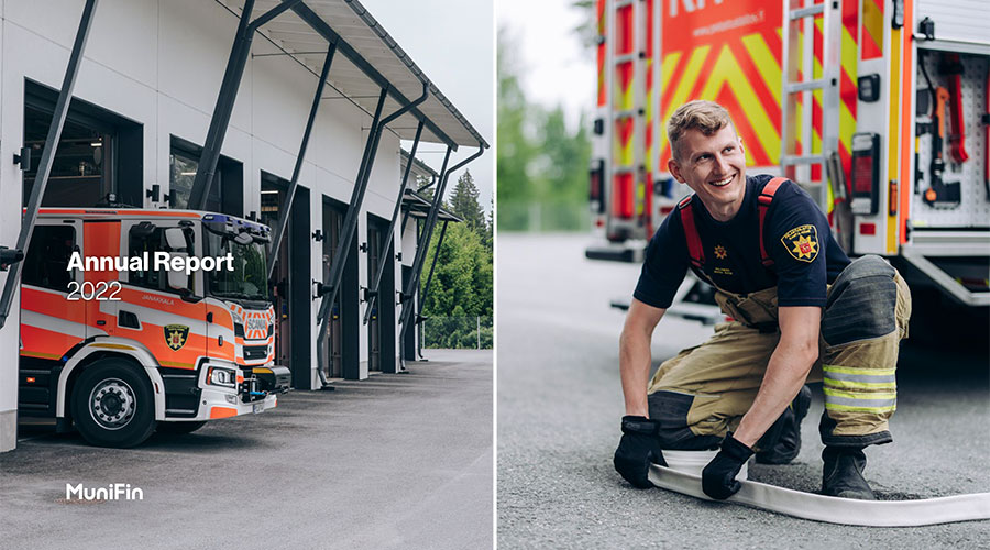 On the left side of the report cover a fire station with a fire engine driving out, on the right hand side a fireman preparing the fire engine.
