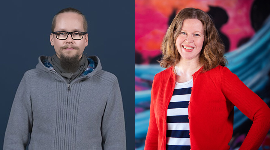Vasemmalla Robert Koski, oikealla Tiina Irjala puolivartalokuvassa.