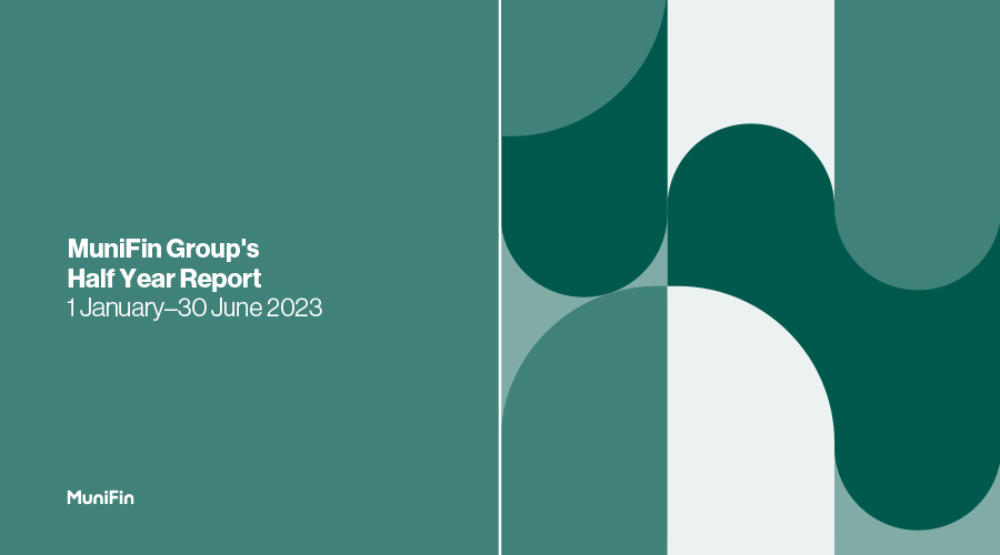 Cover page of the MuniFin Half Year Report 2023. Left side of the cover is green, the right side is decorated with the MuniFin brand pattern.