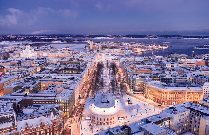 Aerial view of snowy Helsinki