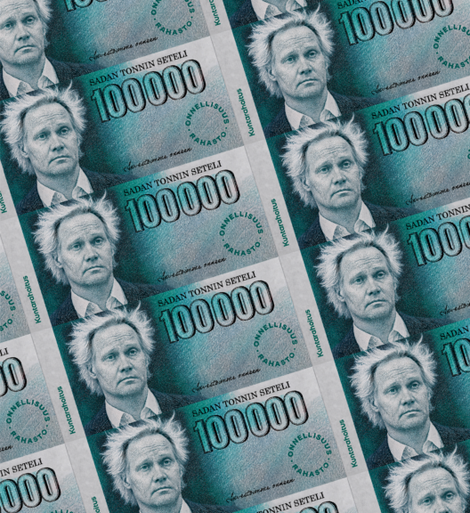 Kuvassa on Kuntarahoituksen Onnellisuusrahaston sadan tonnin seteli, jossa on Jani Halmeen kasvot.