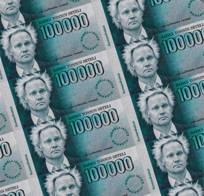 Kuvassa on Kuntarahoituksen Onnellisuusrahaston sadan tonnin seteli, jossa on Jani Halmeen kasvot.